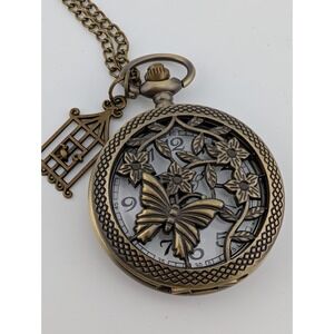 Steampunk Style Bronze Butterfly Flower Pocket Watch Birdcage Charm w/ Chain